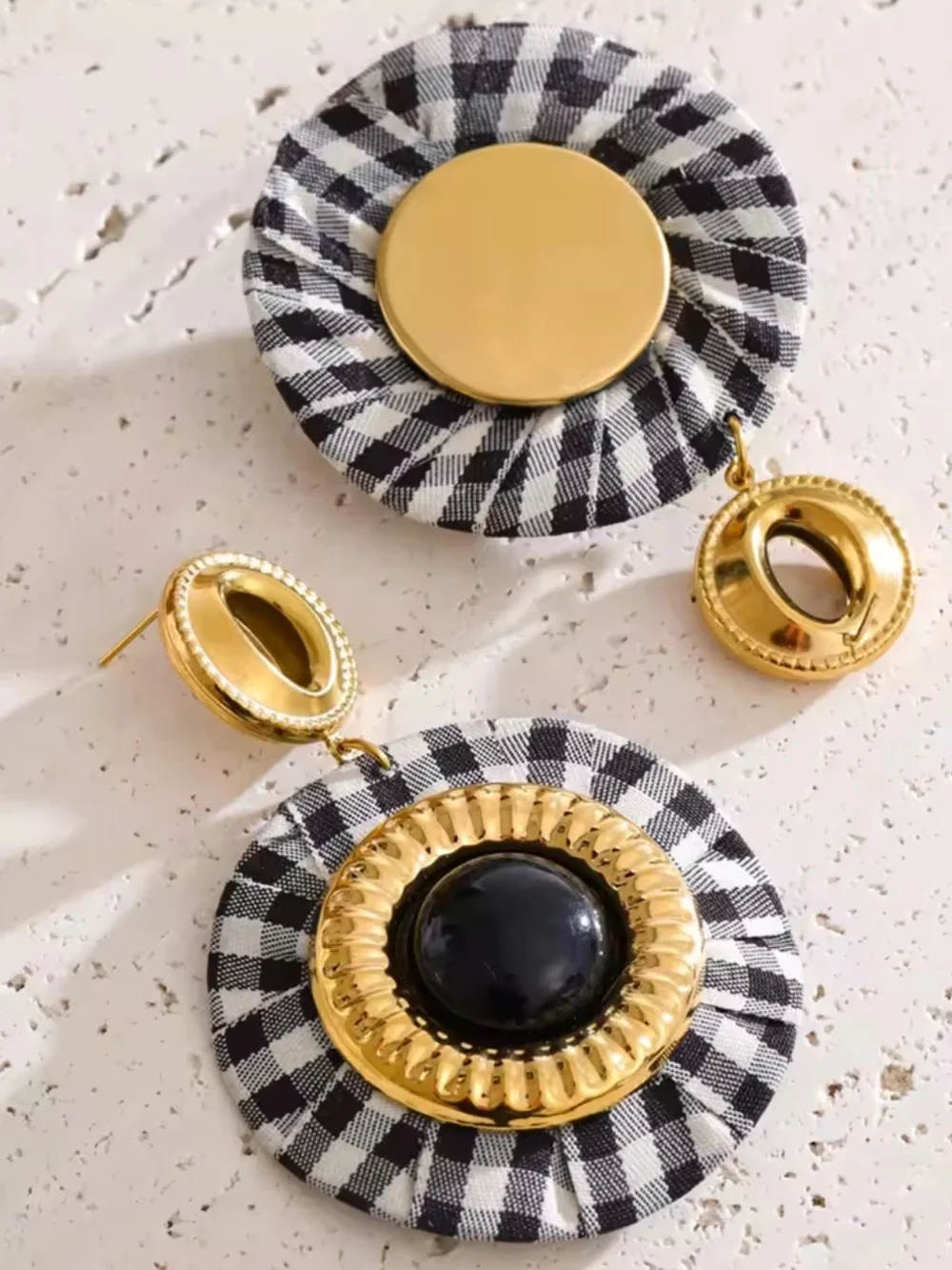 Parisian Chic Gingham Black Gold Earrings